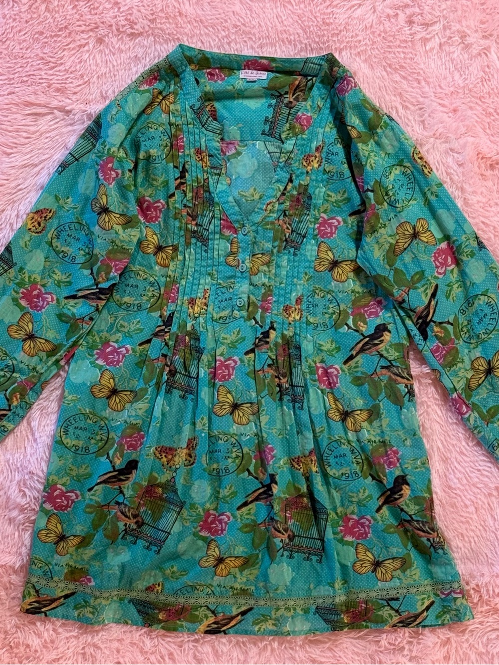 L’été de Jeanne S/M Turquoise Floral Bird Butterfly Boho Tunic Dress Cover